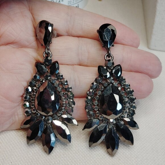 Dark Gray Rhinestone Crystal Chandelier Drop Earrings 3 Inch Statement - Picture 5 of 6